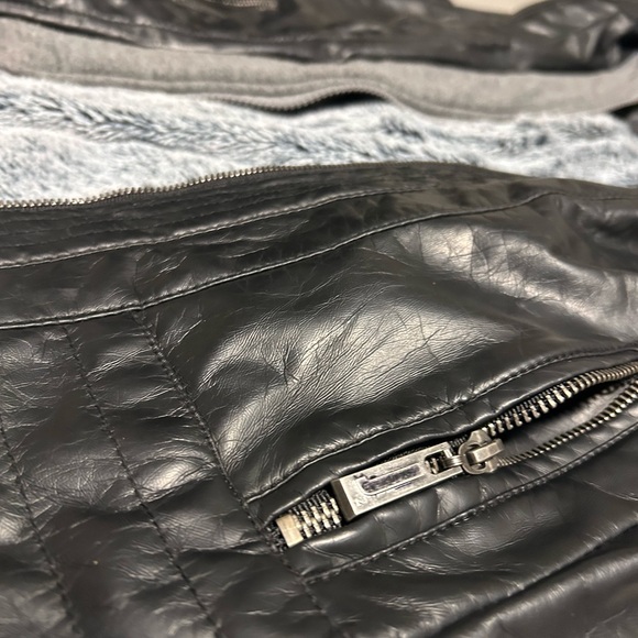 Black Faux Leather Jacket with Grey Hood - Picture 3 of 4